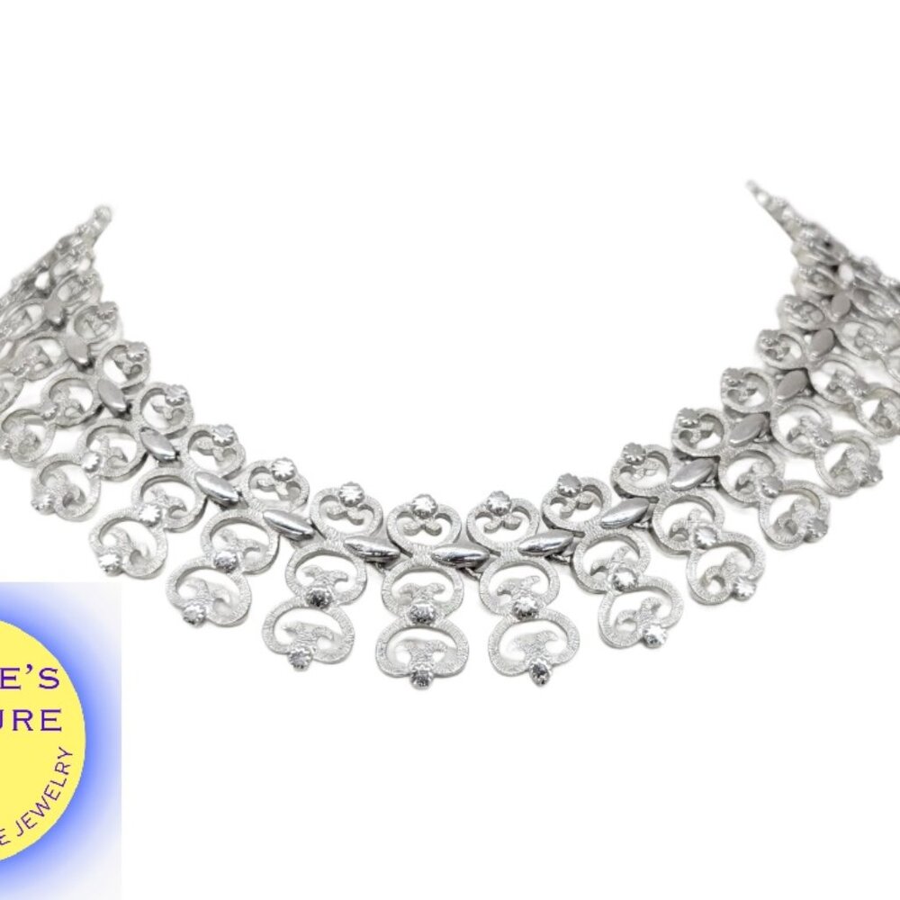 Vintage Signed Monet Rhodium Plated Filigree Collar Necklace, 1965